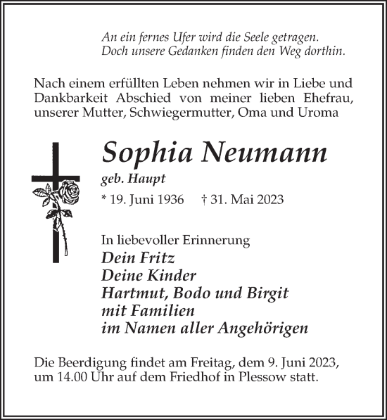 Traueranzeige von Sophia Neumann von Märkischen Allgemeine Zeitung
