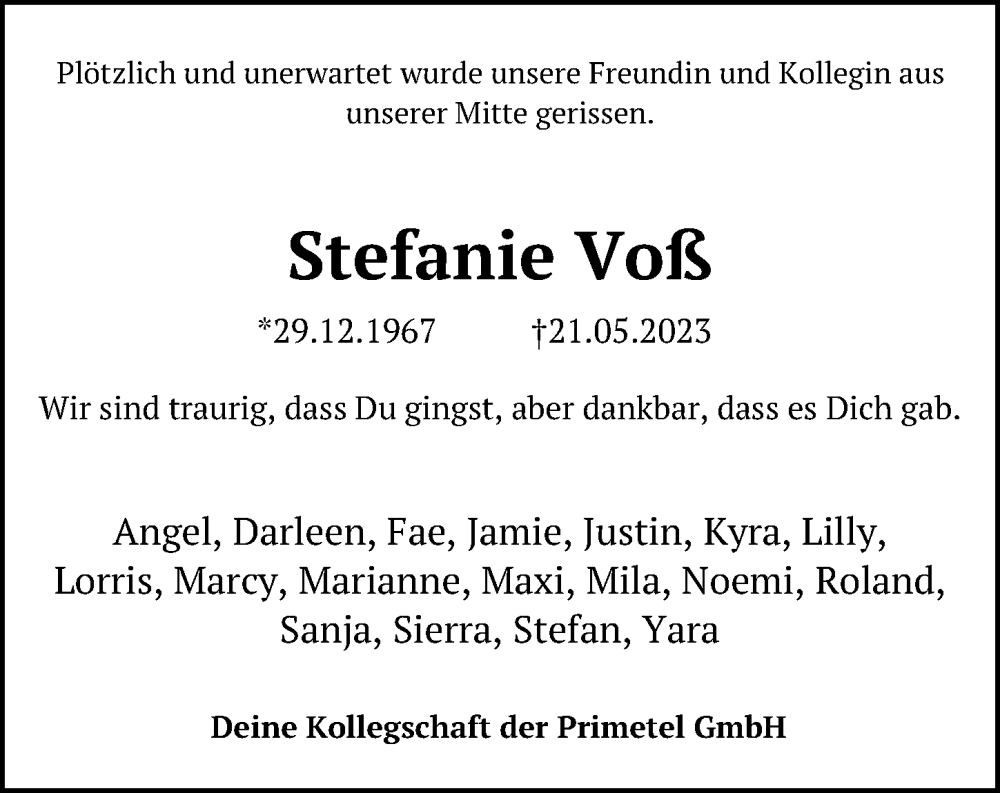  Traueranzeige für Stefanie Voß vom 02.06.2023 aus Hannoversche Allgemeine Zeitung/Neue Presse