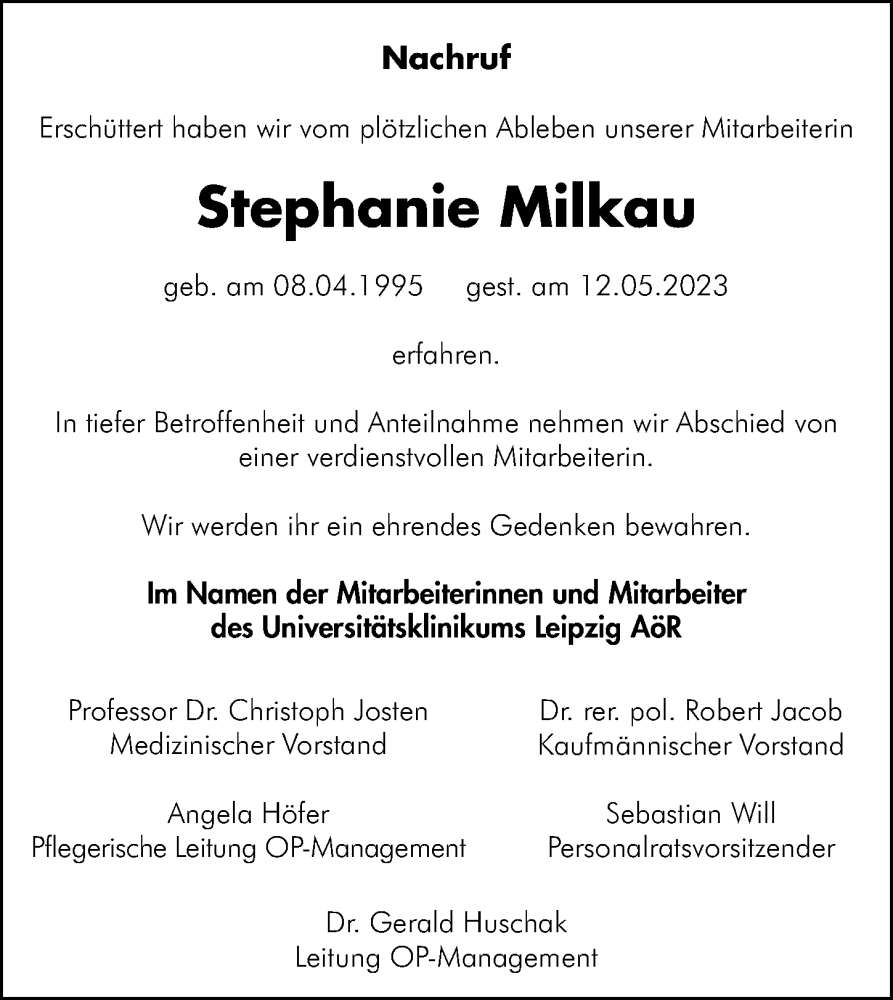  Traueranzeige für Stephanie Milkau vom 01.06.2023 aus Leipziger Volkszeitung