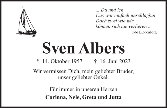 Traueranzeige von Sven Albers von Kieler Nachrichten