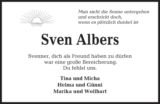 Traueranzeige von Sven Albers von Kieler Nachrichten