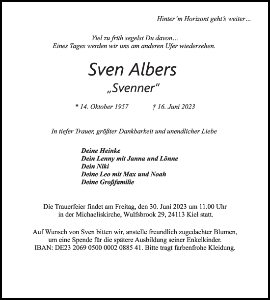 Traueranzeige von Sven Albers von Kieler Nachrichten