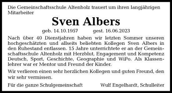 Traueranzeige von Sven Albers von Kieler Nachrichten