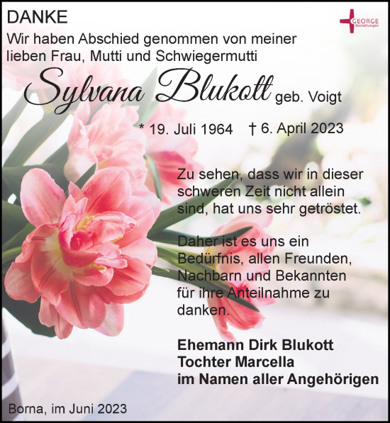 Traueranzeige von Sylvana Blukott von Leipziger Volkszeitung