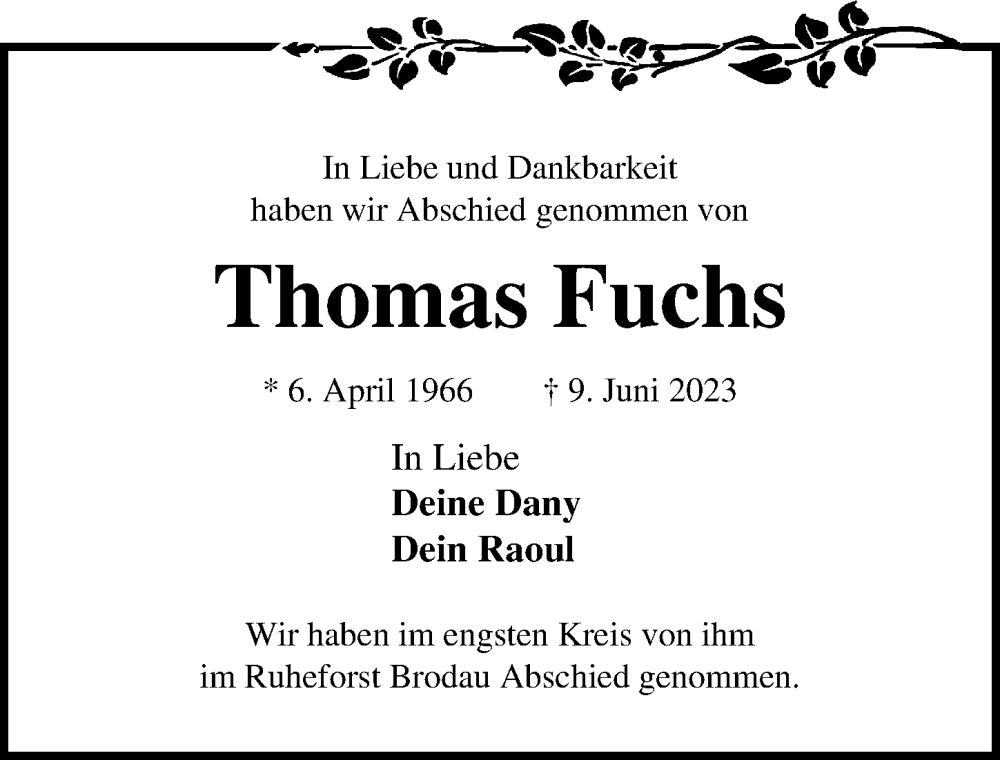  Traueranzeige für Thomas Fuchs vom 25.06.2023 aus Lübecker Nachrichten