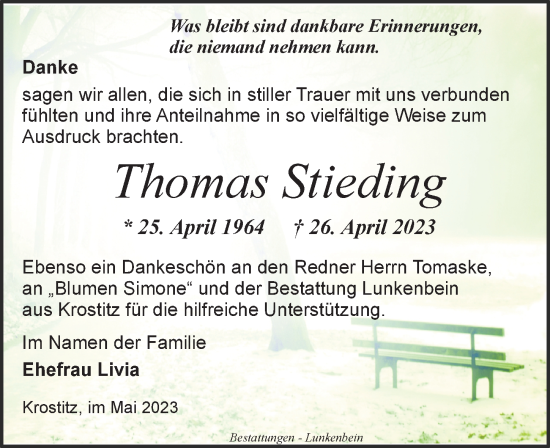 Traueranzeige von Thomas Stieding von Leipziger Volkszeitung