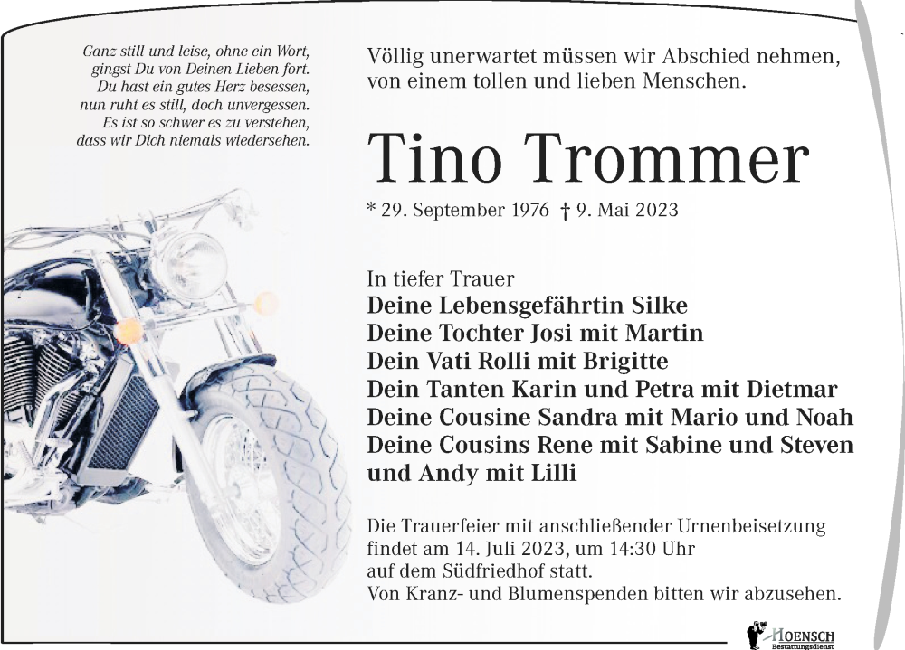  Traueranzeige für Tino Trommer vom 24.06.2023 aus Leipziger Volkszeitung