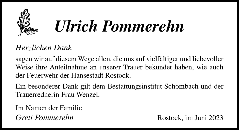  Traueranzeige für Ulrich Pommerehn vom 24.06.2023 aus Ostsee-Zeitung GmbH