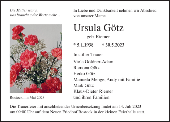 Traueranzeige von Ursula Götz von Ostsee-Zeitung GmbH