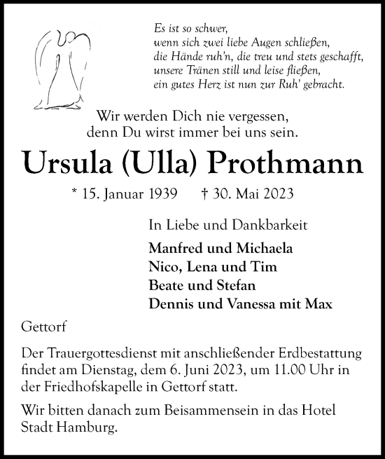 Traueranzeige von Ursula Prothmann von Kieler Nachrichten