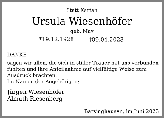 Traueranzeige von Ursula Wiesenhöfer von Hannoversche Allgemeine Zeitung/Neue Presse