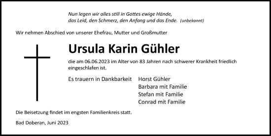Traueranzeige von Ursula Karin Gühler von Ostsee-Zeitung GmbH