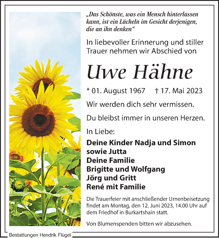  Traueranzeige für Uwe Hähne vom 03.06.2023 aus Leipziger Volkszeitung