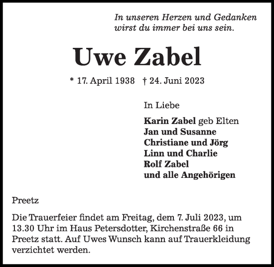 Traueranzeige von Uwe Zabel von Kieler Nachrichten