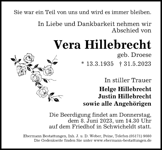 Traueranzeige von Vera Hillebrecht von Peiner Allgemeine Zeitung