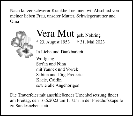Traueranzeige von Vera Mut von Lübecker Nachrichten