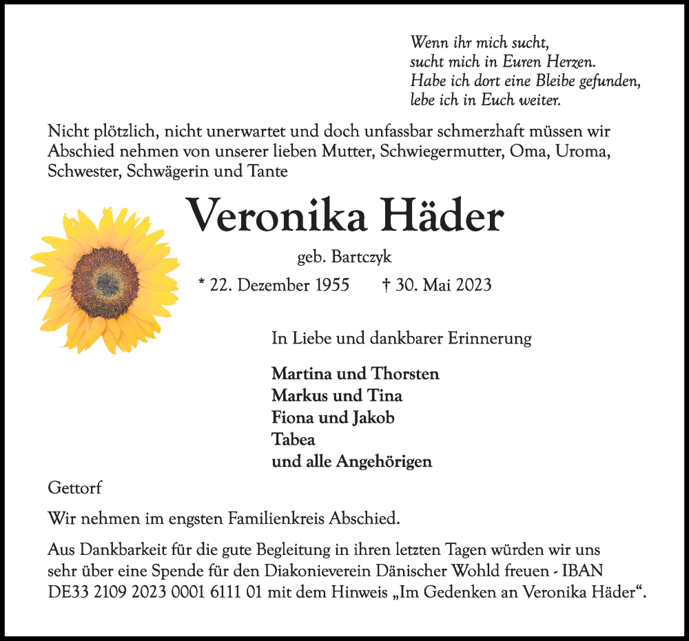  Traueranzeige für Veronika Häder vom 03.06.2023 aus Kieler Nachrichten