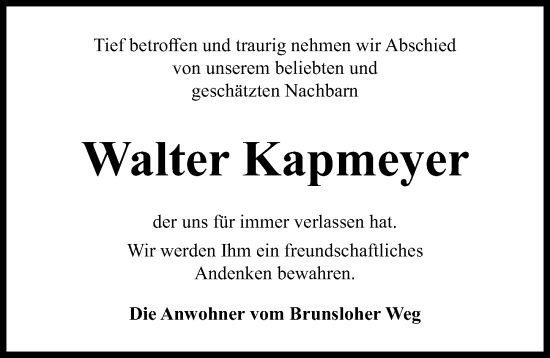 Traueranzeige von Walter Kapmeyer von Hannoversche Allgemeine Zeitung/Neue Presse