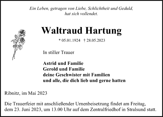 Traueranzeige von Waltraud Hartung von Ostsee-Zeitung GmbH