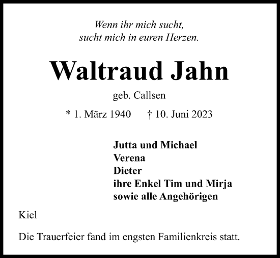 Traueranzeige von Waltraud Jahn von Kieler Nachrichten