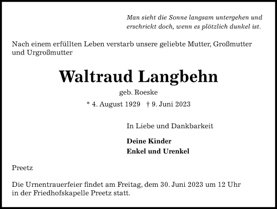 Traueranzeige von Waltraud Langbehn von Kieler Nachrichten