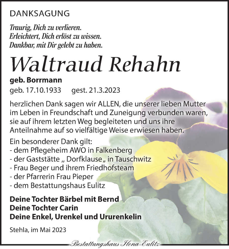 Traueranzeigen Von Waltraud Rehahn | Trauer-anzeigen.de