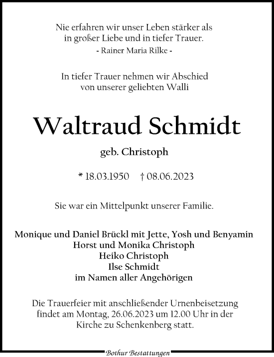 Traueranzeige von Waltraud Schmidt von Leipziger Volkszeitung