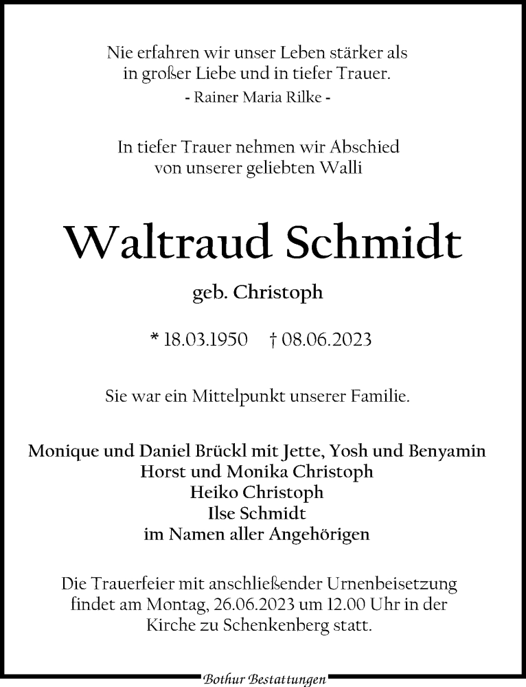  Traueranzeige für Waltraud Schmidt vom 17.06.2023 aus Leipziger Volkszeitung