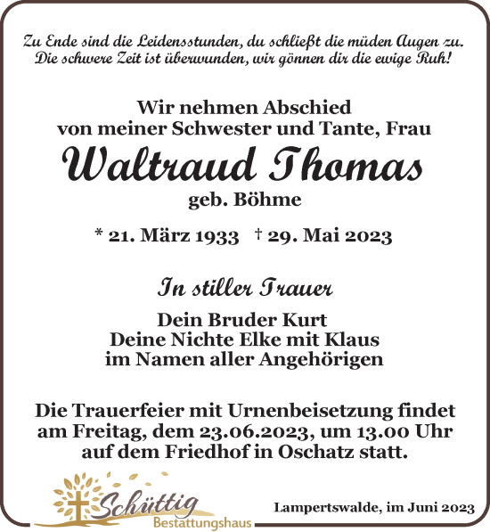 Traueranzeige von Waltraud Thomas von Leipziger Volkszeitung