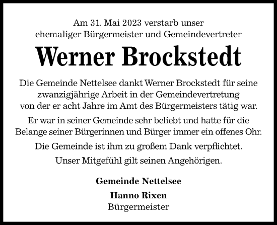 Traueranzeige von Werner Brockstedt von Kieler Nachrichten