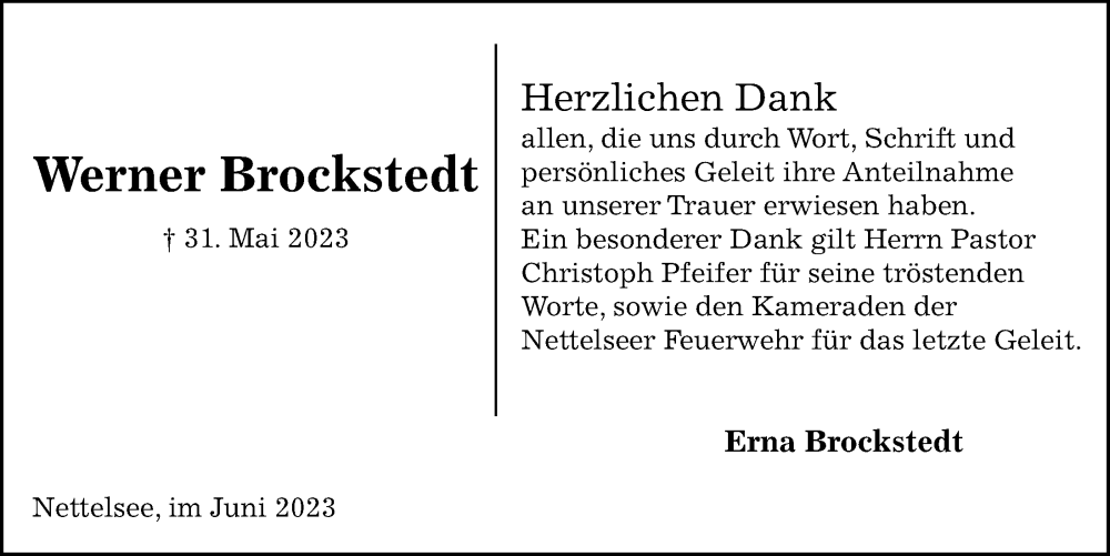  Traueranzeige für Werner Brockstedt vom 24.06.2023 aus Kieler Nachrichten