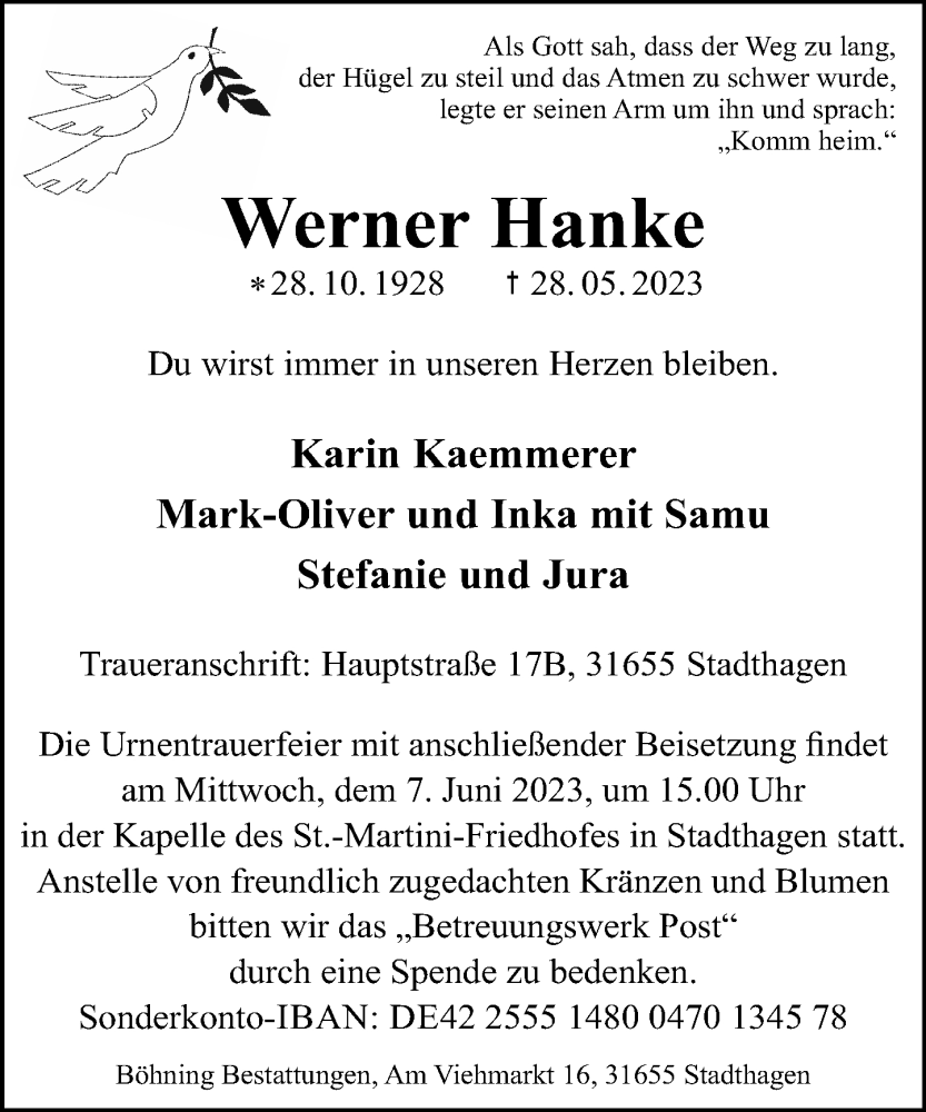  Traueranzeige für Werner Hanke vom 03.06.2023 aus Schaumburger Nachrichten