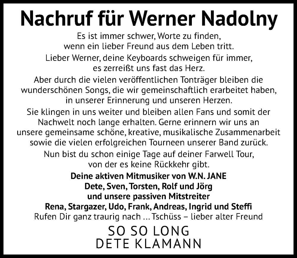  Traueranzeige für Werner Nadolny vom 10.06.2023 aus Madsack GmbH