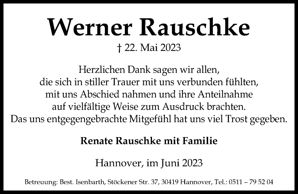  Traueranzeige für Werner Rauschke vom 10.06.2023 aus Madsack GmbH