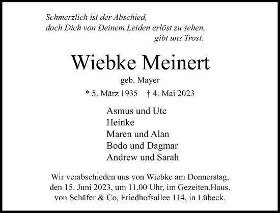 Traueranzeige von Wiebke Meinert von Lübecker Nachrichten