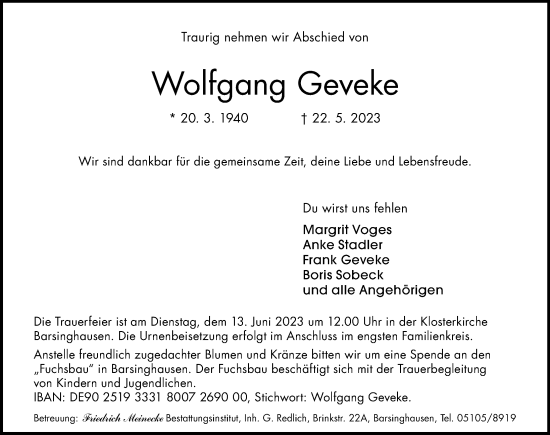 Traueranzeige von Wolfgang Geveke von Madsack GmbH