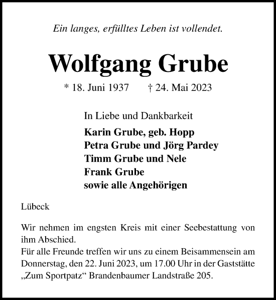 Traueranzeige von Wolfgang Grube von Lübecker Nachrichten