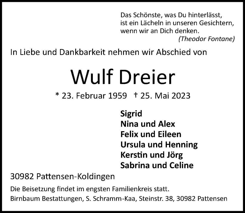  Traueranzeige für Wulf Dreier vom 03.06.2023 aus Hannoversche Allgemeine Zeitung/Neue Presse