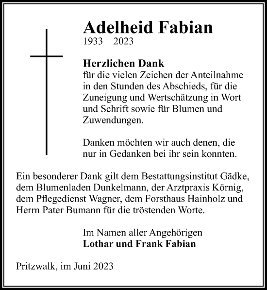 Traueranzeige von Adelheid Fabian von Wochenspiegel