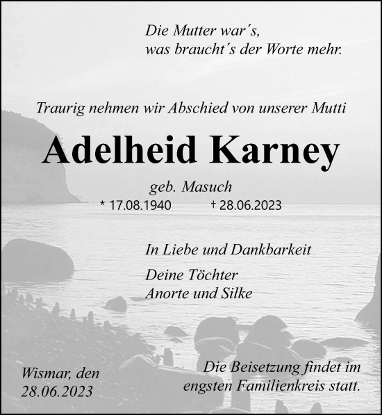 Traueranzeige von Adelheid Karney von Ostsee-Zeitung GmbH