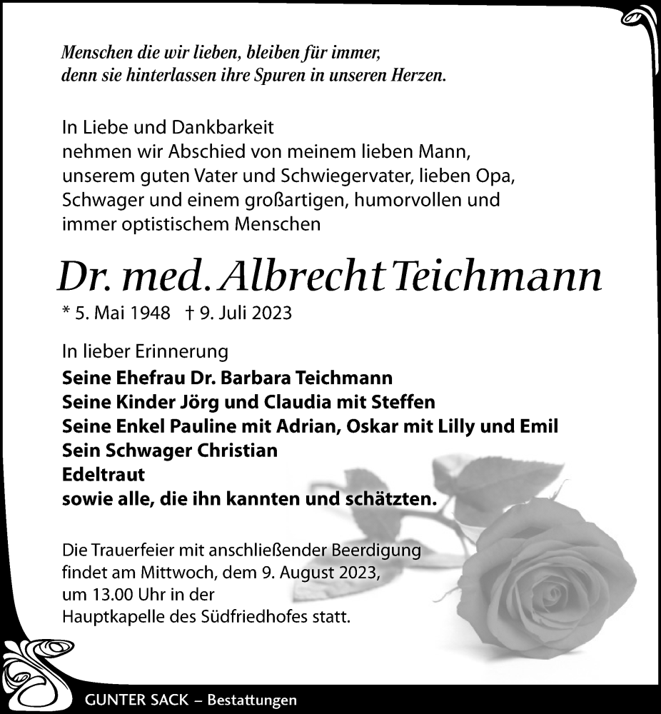  Traueranzeige für Albrecht Teichmann vom 15.07.2023 aus Leipziger Volkszeitung