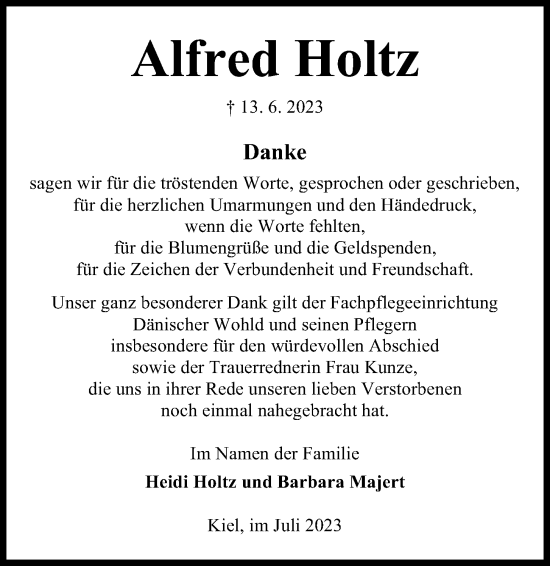 Traueranzeige von Alfred Holtz von Kieler Nachrichten