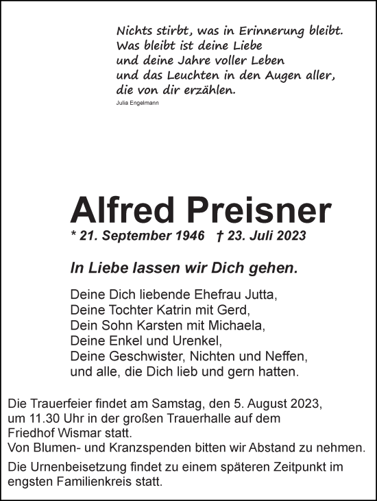 Traueranzeige von Alfred Preisner von Ostsee-Zeitung GmbH