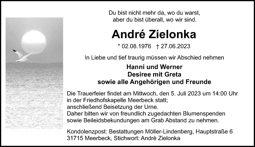  Traueranzeige für Andre Zielonka vom 01.07.2023 aus Schaumburger Nachrichten