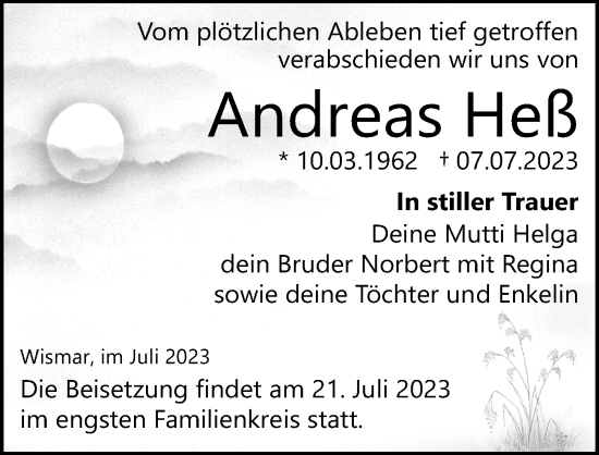 Traueranzeige von Andreas Heß von Ostsee-Zeitung GmbH