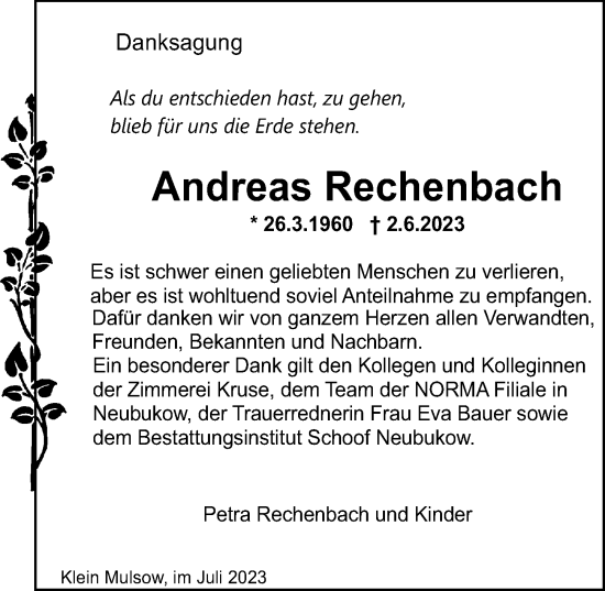 Traueranzeige von Andreas Rechenbach von Ostsee-Zeitung GmbH