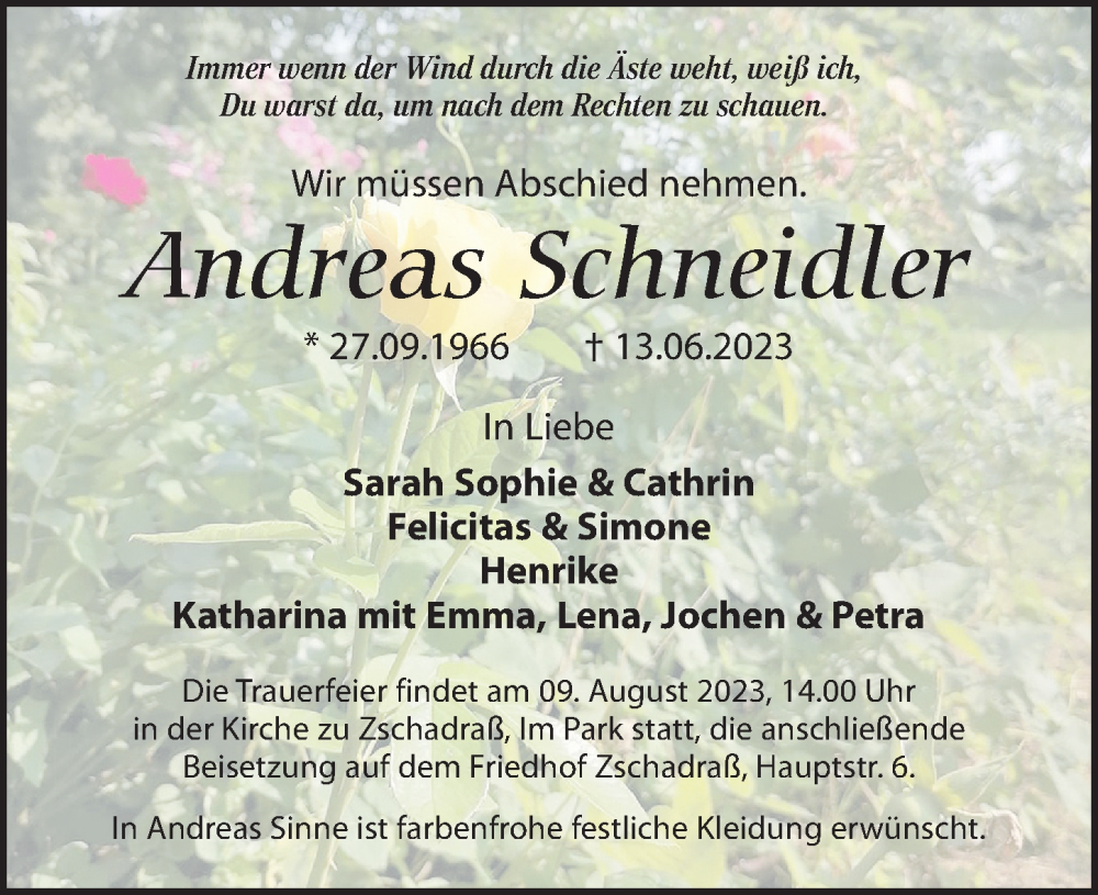  Traueranzeige für Andreas Schneidler vom 15.07.2023 aus Leipziger Volkszeitung