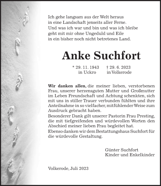 Traueranzeige von Anke Suchfort von Göttinger Tageblatt