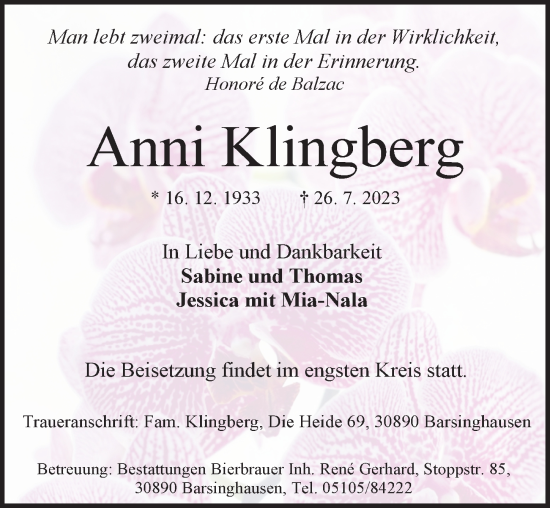 Traueranzeige von Anni Klingberg von Hannoversche Allgemeine Zeitung/Neue Presse