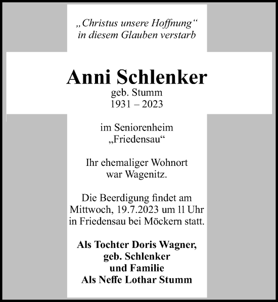 Traueranzeige von Anni Schlenker von Märkischen Allgemeine Zeitung